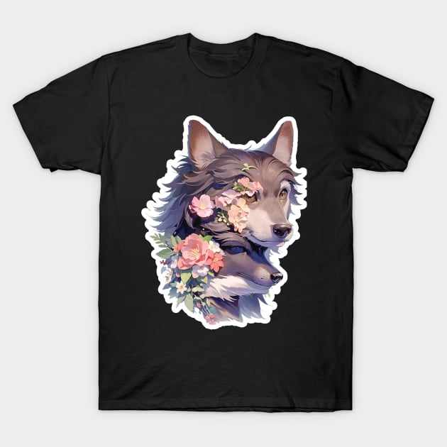 Lone Wolf With Flowers T-Shirt by LycheeDesign